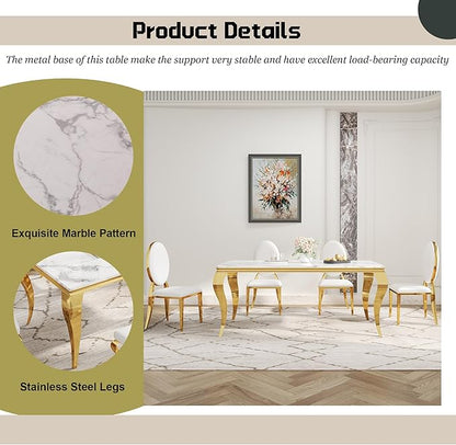 7-Piece Dining Table Set for 6, Faux Marble Modern Dining Table Set with 6 Oval Backrest Upholstered Chairs, 70“ Stainless Steel Legs Table & Chair Set for Kitchen, White & Gold