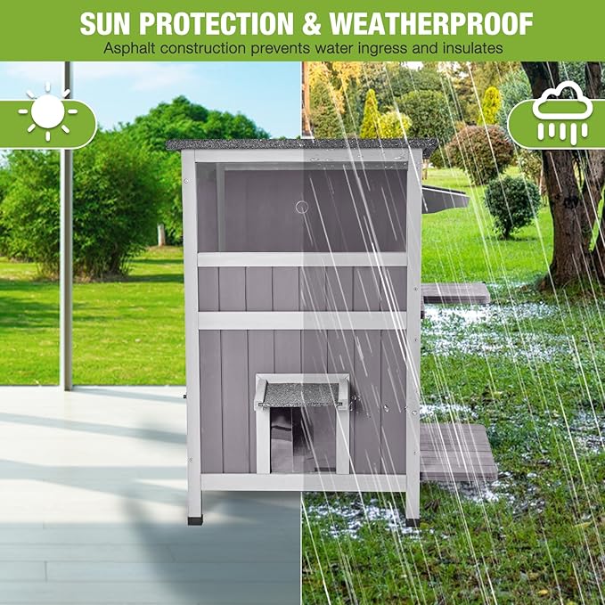 GUTINNEEN 2-Story Insulated Cat House Outdoor Large Weatherproof Outside Feral Cat Shelter Wooden Elevated Kitty Condo with Openable Roof, 2 Large Side Doors (Winter-Ready, 28" L x 22.8" D x 34.4" H)