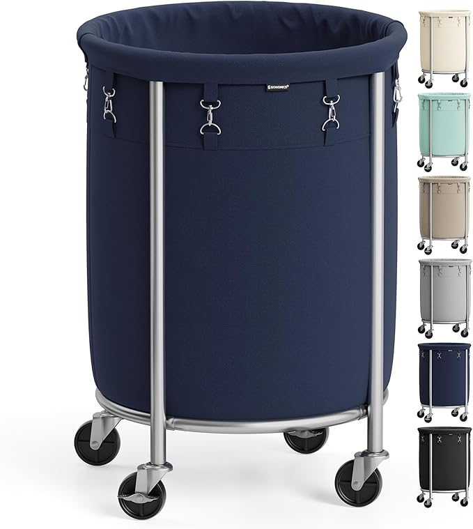 SONGMICS 29-Gallon (110 L) Laundry Basket with Wheels, Rolling Round Heavy-Duty Laundry Hamper Cart with Steel Frame and Removable Bag, 2 Locking Wheels, Charcoal Blue and Metallic Silver URLS002Q01