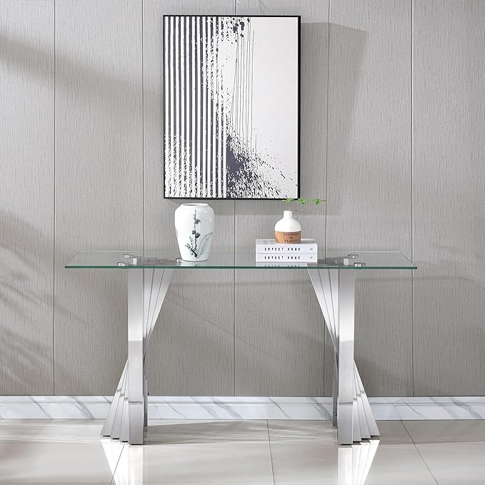Goujxcy Modern Glass Console Table 55" Entryway Table with Tempered Glass Top and Mirror Finish Stainless Steel Legs, Luxury Rectangular Sofa Table for Living Room Hallway Corridor Table (Silver)