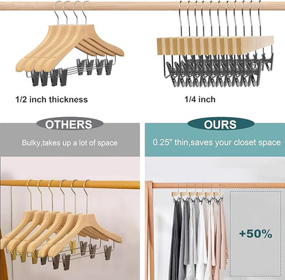 Quality Hangers 20 Pack Wooden Skirt Pant Hangers, Luxury 14" Ultra Thin Space Saving Skirt Hangers, 360 Degree Swivel Hook, Best for Pants, Skirts, Trousers, Leggings (20, Natural, Skirt/Pant)