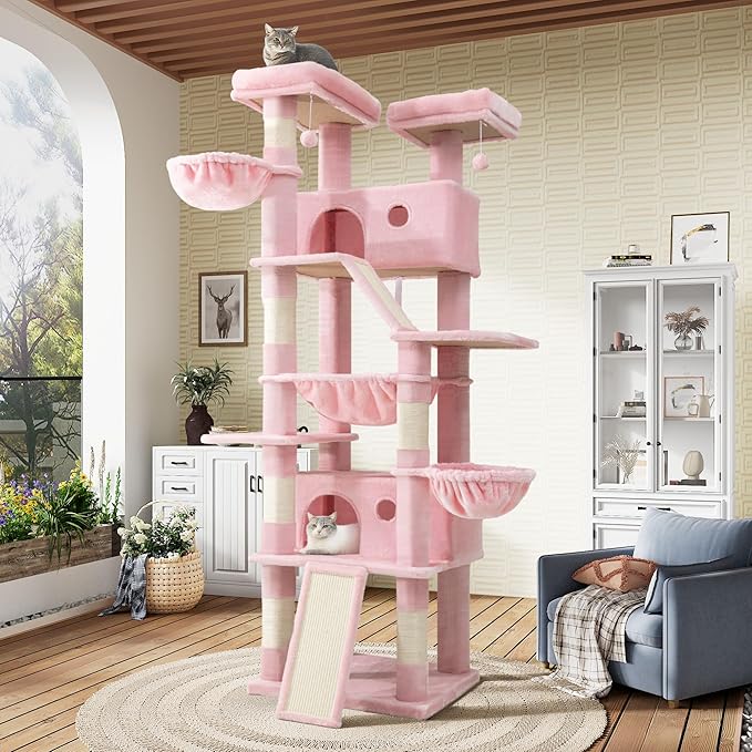 SHA CERLIN 81in Multi-Level Tall Cat Tree Tower for Indoor Kitties/Larger Cat Condo Furniture with Hammock/Cozy Pussycat Perches/Sisal Scratching Posts/Pet House/Wide Base/Pink