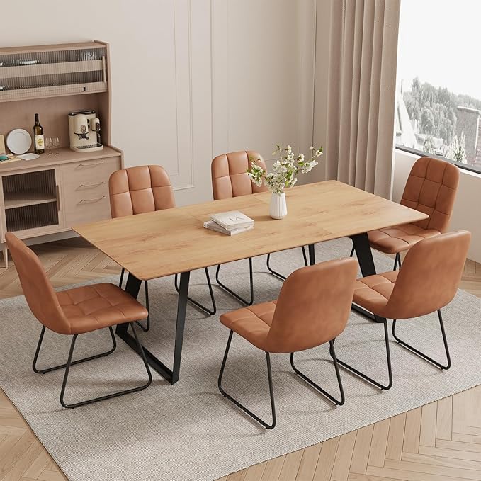 ZckyCine 63"-79" Expandable Dining Table Set for 6, Wood Table & 6 Brown Chairs, Extendable Kitchen Dining Table Set for Kitchen & Dining Room, Modern Oak & Brown