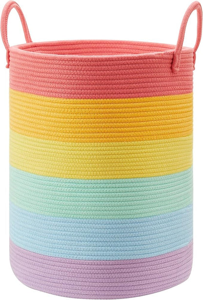 20 Inches Rainbow Baby Girls Kids Hamper Laundry Basket for Nursery Toddler Clothes Blanket Toy Storage Woven Rope Unicorn Hamper in Playroom Bedroom Large