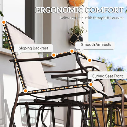 Outsunny Outdoor Glider Chairs with Coffee Table, Patio 2-Seat Rocking Chair Swing Loveseat with Breathable Sling for Backyard, Garden, and Porch, Beige