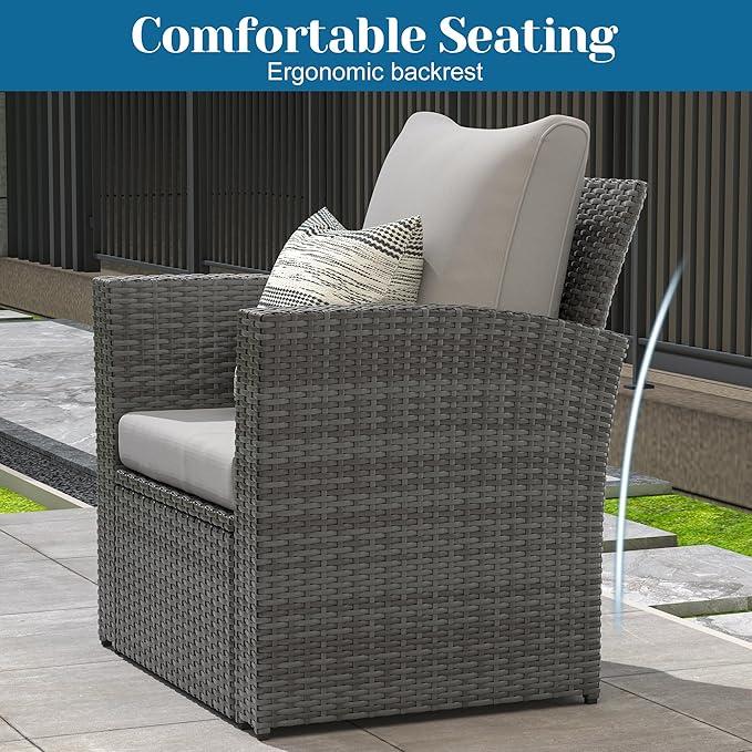 Solaste 4 Piece Outdoor Patio Furniture Set, Outdoor Sectional Sofa with Tempered Glass Coffee Table and Cushions, Wicker Rattan Patio Set for Backyard, Front Porch, Balcony, Gray