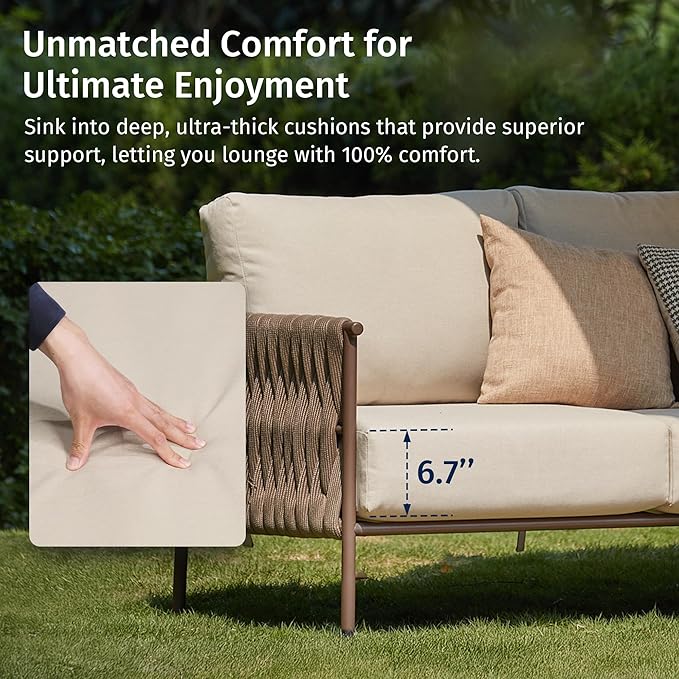 East Oak Life Chatter Outdoor Patio Furniture | Outdoor Sofa 3 Seats with Waterproof Thick Cushions | Deep Seating Modern Patio Sofa for Garden, Porch, Balcony & Backyard | Chestnut & Apricot