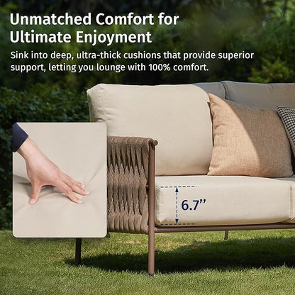 East Oak Life Chatter Outdoor Patio Furniture | Outdoor Sofa 3 Seats with Waterproof Thick Cushions | Deep Seating Modern Patio Sofa for Garden, Porch, Balcony & Backyard | Chestnut & Apricot