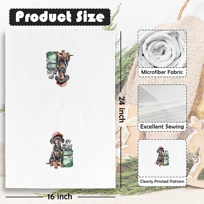Golf Dog Kitchen Towels - Dachshund Dish Towels, Sports Gifts, Pet Golf Club Decorative Absorbent Dishcloths Hand Towels for Kitchen Gym Spa Decor 16x24 Inches
