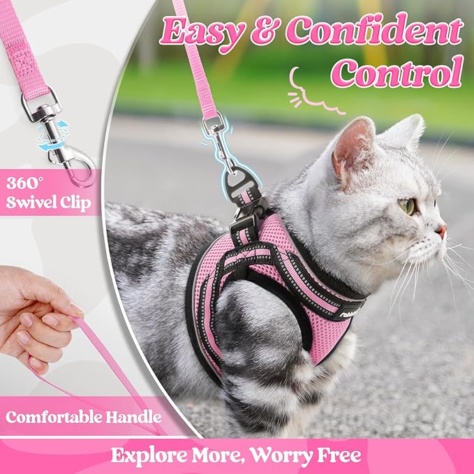 rabbitgoo Cat Harness and Leash Set for Walking Escape Proof, Adjustable Soft Kittens Vest with Reflective Strip for Cats, Comfortable Outdoor Vest, Pink, L