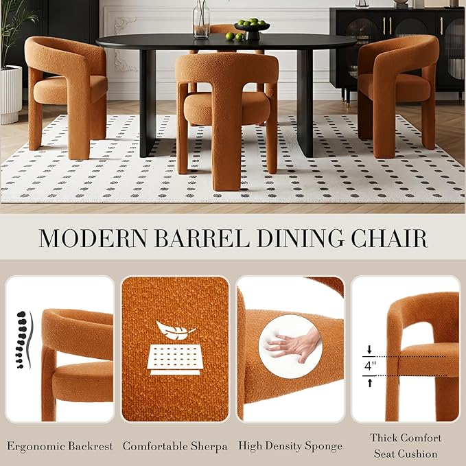 Modern Sherpa Dining Chairs Set of 6, Upholstered Barrel Chairs with Arms Comfy Accent Side Chairs for Living Room/Dining Room/Reception, Terra Cotta