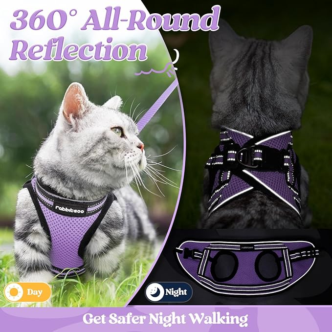 rabbitgoo Cat Harness and Leash Set for Walking Escape Proof, Adjustable Soft Kittens Vest with Reflective Strip for Cats, Comfortable Outdoor Vest, Light Purple, XL