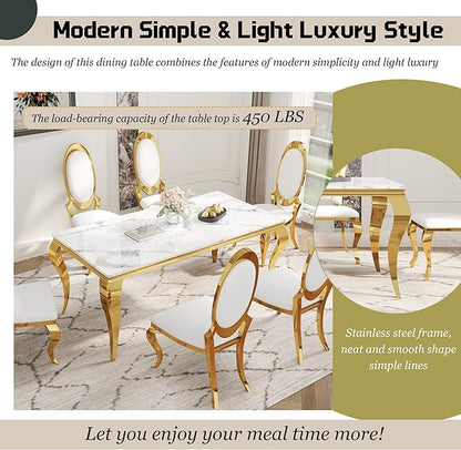 7-Piece Dining Table Set for 6, Faux Marble Modern Dining Table Set with 6 Big Oval Backrest Chairs, 70“ Stainless Steel Legs Table & Chair Set for Kitchen, Dining Room, White & Gold
