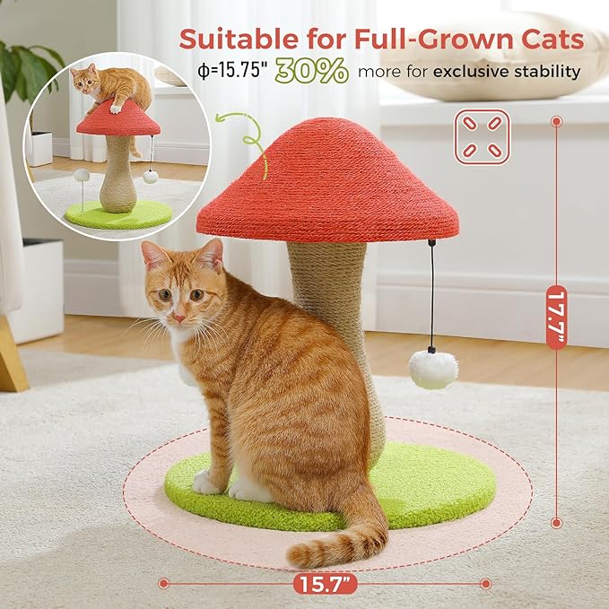 PETEPELA Mushroom Cat Scratching Post, Cat Scratcher Cute with 100% Sisal Covered Scratching Post & Pompoms Toy, Mushroom Cat Post for Indoor Cats