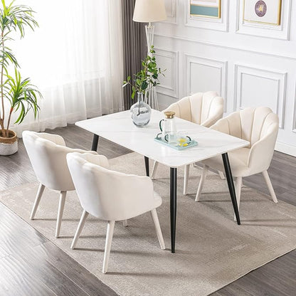 Velvet Dining Chairs Set of 4 Modern Living Room Chairs with Petal Back & Wood Legs Comfy Upholstered Side Chair for Dining Room/Bedroom/Vanity, Cream