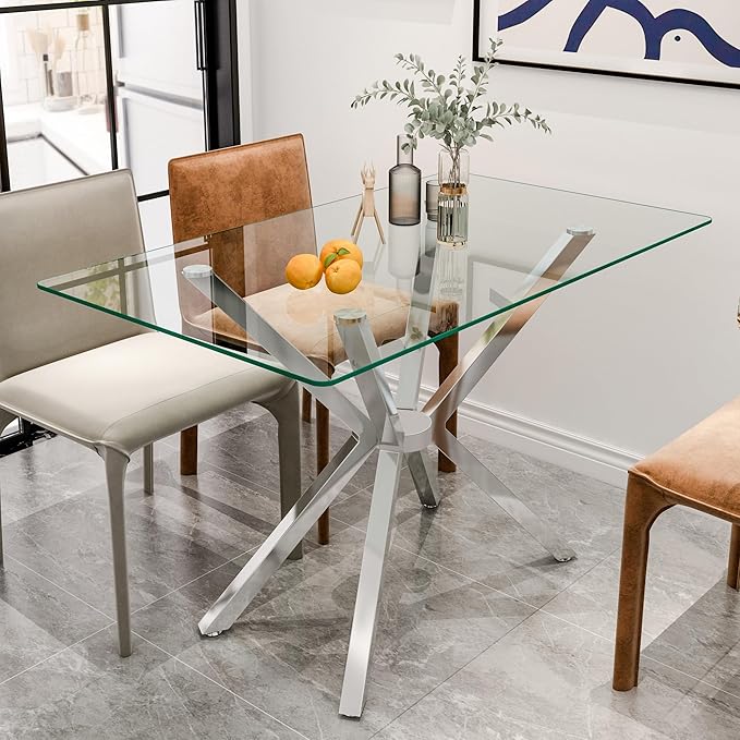 47" Tempered Glass Dining Table for 4, Modern Kitchen Table Rectangle Top, Geometric Metal Leg, for Apartment Dining Room Restaurant (Silver)