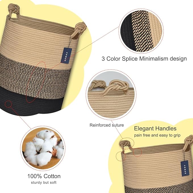 COMSE Extra Large Blanket Basket, Tall Woven Storage Basket, Nursery Hamper, 15.7”x 21.7”, Cotton Rope Laundry Hamper for Toys Clothes Towels, Brown/Black