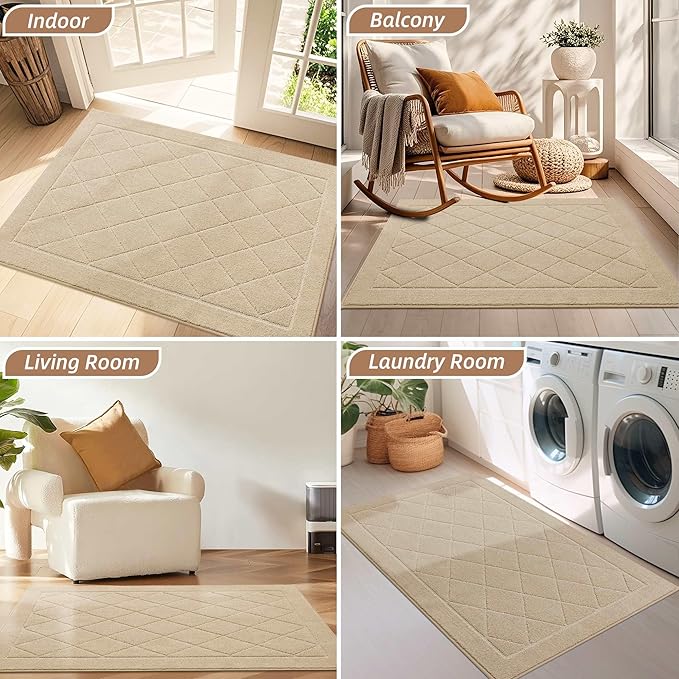BEQHAUSE Dirt Trapper Door Mat 36" x 60", Doormat Non-Slip Entryway Rugs Washable, Dog Door Mat Stain Resistant and Absorbent Welcome Floor Mat for Front Back Door, Mud Wet Shoes & Paws, Warm Beige