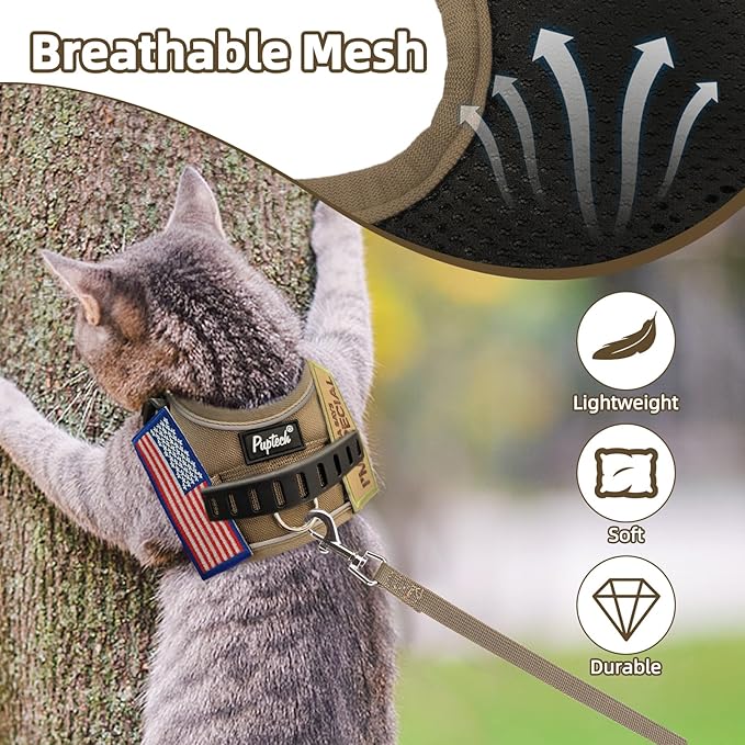 PUPTECK Tactical Cat Harness and Leash Set Escape Proof, Adjustable Reflective Kitten Jacket Easy Control, Pet Vest Harness for Cats Small Dogs Puppies Walking and Travel