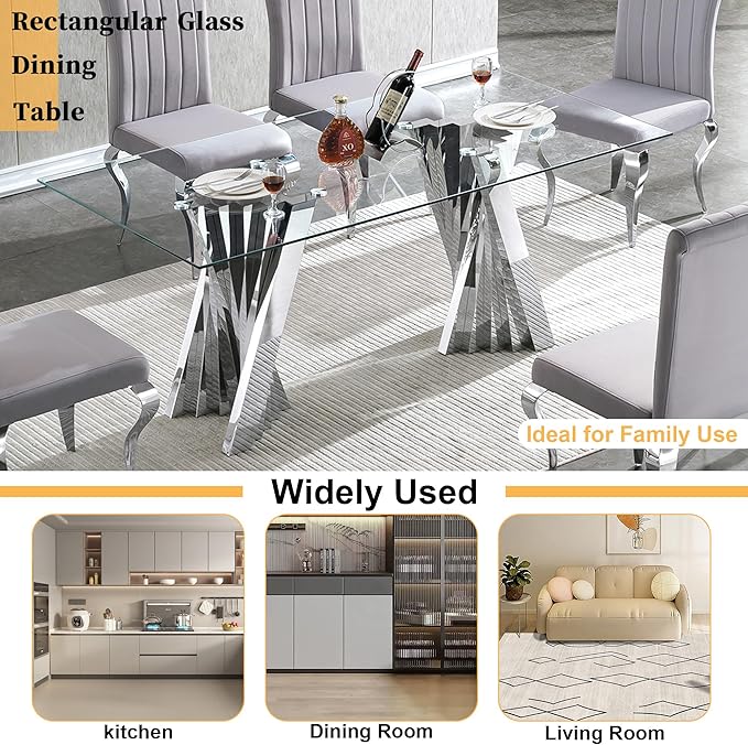 Goujxcy 70" Modern Glass Dining Table for 6-8, Luxury Silver Glass Dining Room Table with Mirrored Flash-Shape Stainless Steel Base, Rectangle Kitchen Dinner Tables for Dining Room Kitchen