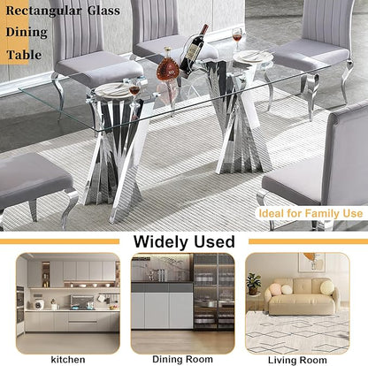 Goujxcy 70" Modern Glass Dining Table for 6-8, Luxury Silver Glass Dining Room Table with Mirrored Flash-Shape Stainless Steel Base, Rectangle Kitchen Dinner Tables for Dining Room Kitchen