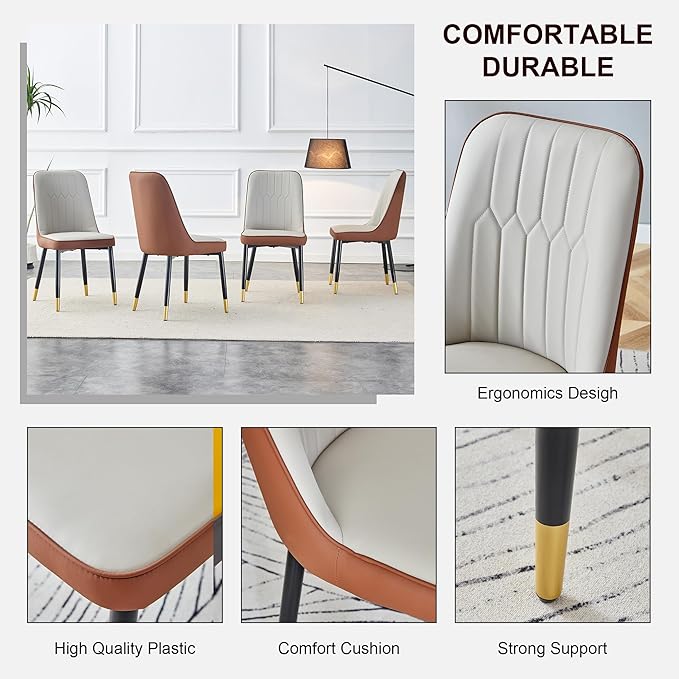 Modern Dining Table Set for 4, Marble Kitchen Table Chair Set for 4, Rectangular Kitchen Table with PU Leather Upholstered Chair for Dining Room (Brown-C)