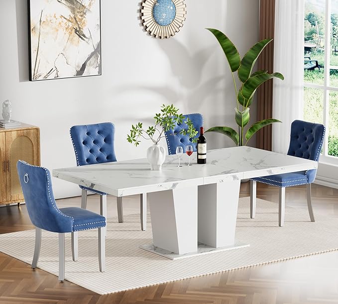 Goujxcy 5-Piece Extendable Dining Table Set for 4-8 People 63-78 Inch Kitchen Table Set with 4 Blue Upholstered Chairs Modern White Faux Marble Rectangular Dining Room Table Set for Kitchen Apartment