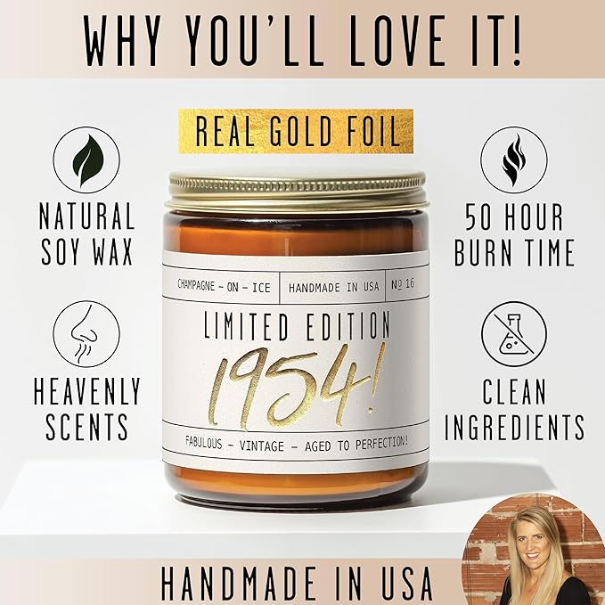 71st Birthday Gifts for Women - 'Limited Edition 1954' Soy Candle, w/Champagne on Ice I 71 Birthday Gifts for Women I 71st Birthday Gift for Her Ideas I 9oz Reusable Jar, 50Hr Burn, Made in USA