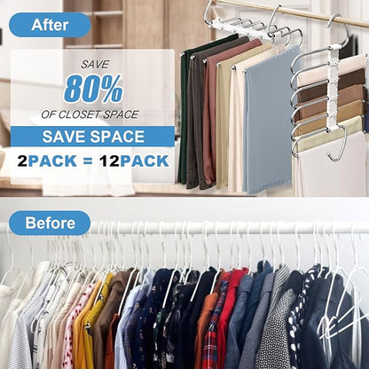 Upgrade 6 Layers Pants Hangers Space Saving, 2 Pack Non Slip Stainless Steel Multifunctional Pants Rack S-Type Pant Closet Hanger Organizer with Hooks for Pants Leggings Trousers, Antiquewhite