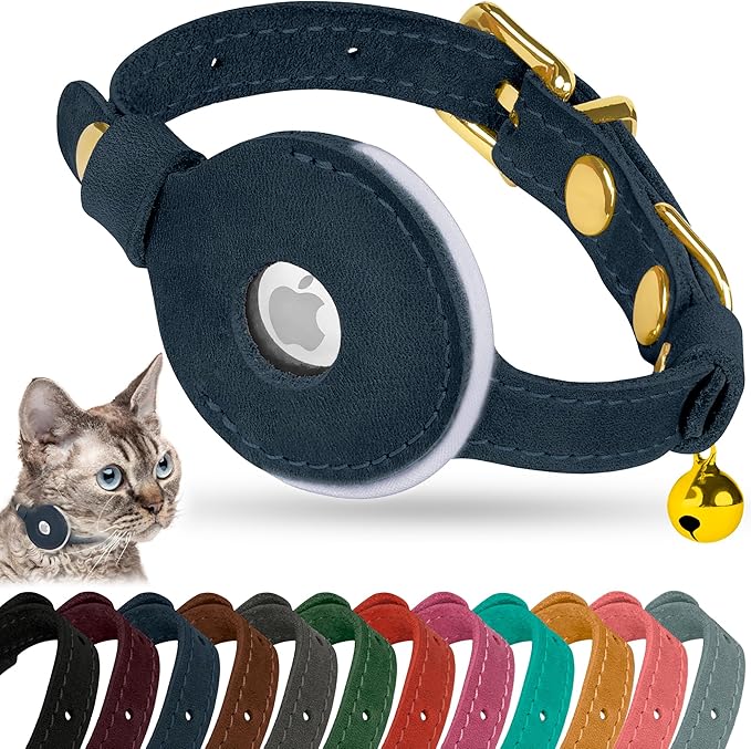 OOPSDOGGY Reflective Leather AirTag Cat Collar with Bell - Non Breakaway Adjustable Pet Collar with Apple Air Tag Holder - Lightweight GPS Kitten Collars for Small Dogs Puppy (Blue)