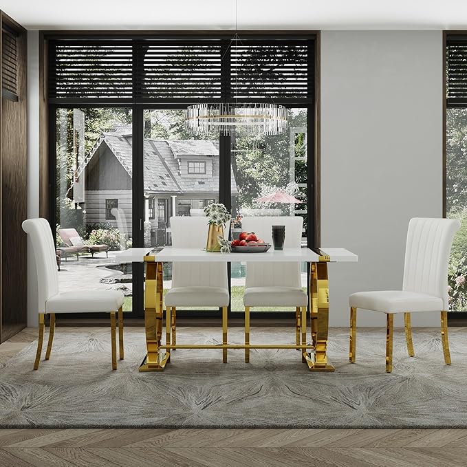 ACEDÉCOR 60" White and Gold Dining Table for 4-6, Modern Rectangular Lacquer Top and Polished Stainless Steel U Shaped Base