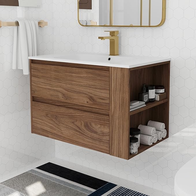 Goujxcy 30" Wall Mounted Bathroom Vanity with Sink, Modern Floating Bathroom Cabinet with White Gel Basin and Storage Drawer/Adjustable Side Shelf, Soft-Closing Door Wood Hanging Bath Room Cabinet