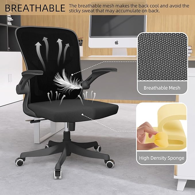 Office Chair,Ergonomic Comfy Home Desk Chair with 350LBS Capacity,High Back Gaming Chair with Wheels,Mesh Computer Chair,Lumbar Support, Adjustable Headrest,Flip-up Armrest (07Black)