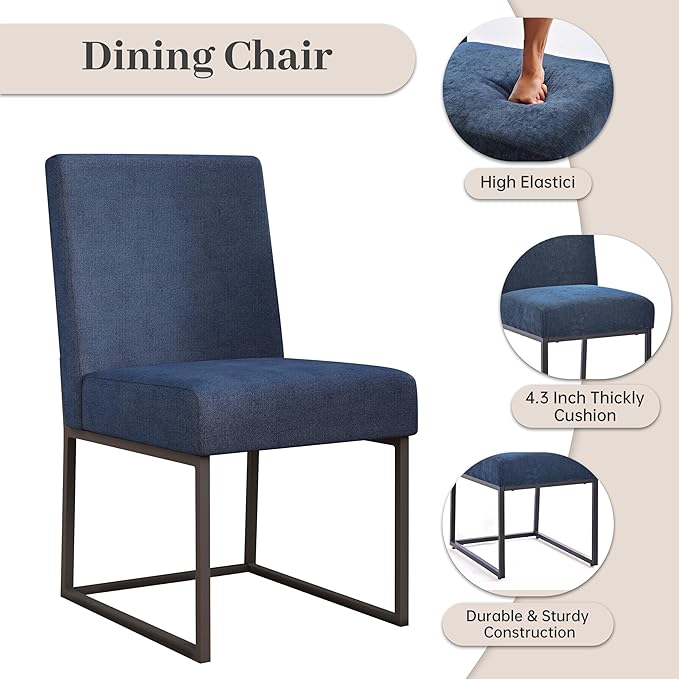 VKNOW Upholstered Dining Chairs Set of 2, Modern Dining Room Chairs, Linen Kitchen Chair Dinner Chair with Black Metal Base for Kitchen Office, Blue-Unstriped