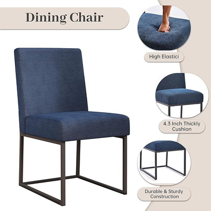 VKNOW Upholstered Dining Chairs Set of 2, Modern Dining Room Chairs, Linen Kitchen Chair Dinner Chair with Black Metal Base for Kitchen Office, Blue-Unstriped