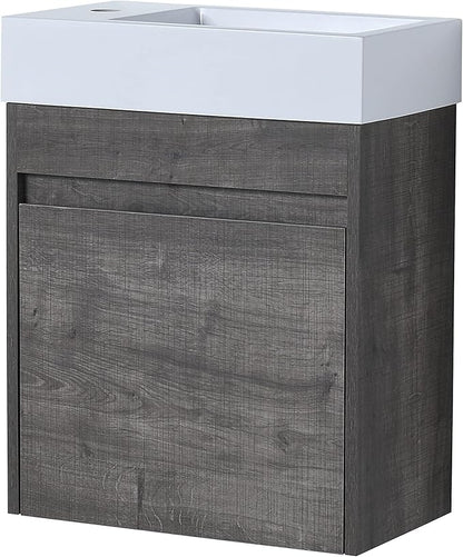 Goujxcy 18" Wall Mounted Bathroom Vanity with Sink, Modern Floating Bathroom Cabinet with White Resin Wash Basin & Storage Cabinet, Soft-Close Door Wood Hanging Bath Room Cabinet