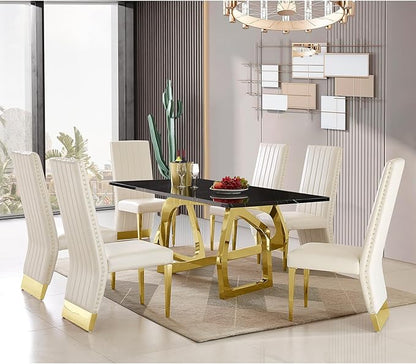 AUZ White Leather Dining Chairs Set of 4, Glam White and Gold Dining Room Chairs with Gold Legs and Nail Head Trims