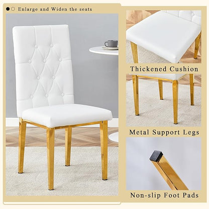 63" Modern Dining Table Set for 4, White Dining Room Set for 4, Tempered Glass Kitchen Table and PU Leather Chairs, Marble Pattern Top with Sturdy Gold Chrome Base