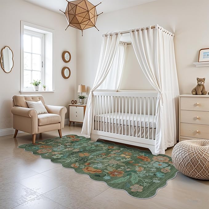 Hallway 3x6 Washable Runner Rug - Indoor Floral Scalloped Kitchen Entryway Low Pile Carpet Soft Non Slip Floor Mat for Bathroom Living Room Bedroom Elegant Home Decor(3x6 Floral/Green)