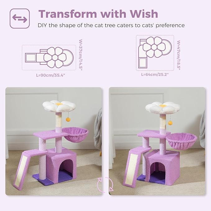 PETEPELA Flower Cat Tree for Indoor Cats, 32'' Small Cat Tower Cat Condo with Sisal Scratching Ramp, Cozy Hammock and Removable Flower Bed Perch for Kittens, Purple