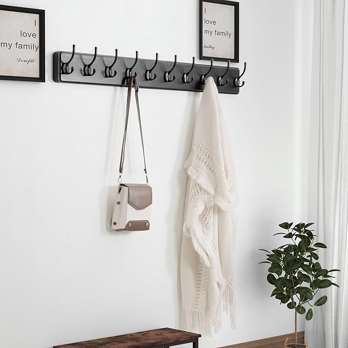 Dseap Coat Rack Wall: 38-1/4" Long, Patented, Heavy-Duty, 10-Double-Hooks Wooden Wall Mounted Coat Rack Coat Hanger Hook Rail for Winter Coats Hat Jacket Clothing, Black