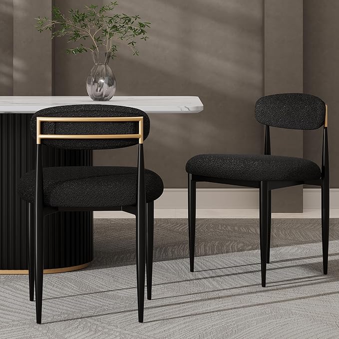 Morden Fort Black Dining Chairs Set of 6, Boucle Upholstered Chairs with Curved Backrest and Metal Legs for Dining Room, Kitchen and Apartment