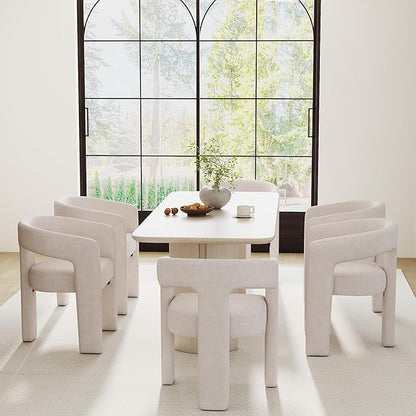 Modern Barrel Dining Chairs Set of 6, Linen Upholstered Accent Chairs with Arms Comfy Makeup Vanity Chairs, Dining Living Room Kitchen Chairs, Beige