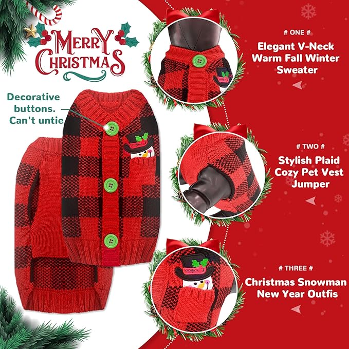 PETCARE Dog Christmas Sweater V-Neck Warm Knitted Puppy Sweaters Vest Cute Red Plaid Snowman Xmas Clothes Outfit for Small Medium Large Dogs Cat Pet Pullover (Decorative Buttons. Can't Untie)