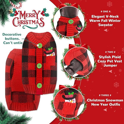 PETCARE Dog Christmas Sweater V-Neck Warm Knitted Puppy Sweaters Vest Cute Red Plaid Snowman Xmas Clothes Outfit for Small Medium Large Dogs Cat Pet Pullover (Decorative Buttons. Can't Untie)