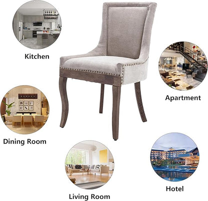 Farmhouse Dining Chairs Set of 4, Upholstered Fabric Dining Room Accent Chairs with Wood Legs & Bronze Nailhead, High Wingback Kitchen Chairs for Living Room Hotel Apartment, Beige