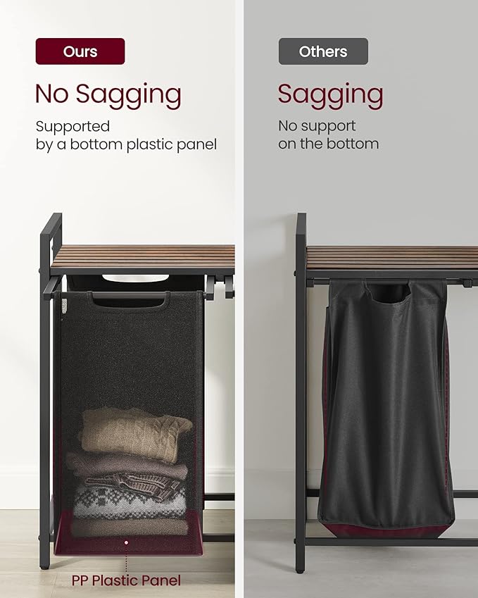 VASAGLE Laundry Hamper, Laundry Basket, Laundry Sorter with 2 Pull-Out and Removable Bags, Shelf, Metal Frame, 2 x 12.1 Gallons (46 L), 28.8 x 13 x 28.4 Inches, Ink Black and Rustic Brown UBLH201B01