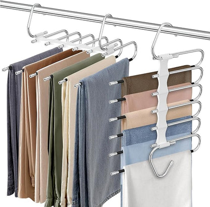 Upgrade 6 Layers Pants Hangers Space Saving, 2Pack Stainless Steel Multifunctional Rack Non Slip S-Type Clothes Jean Hanger Closet Organizer for Jeans Leggings Trousers Skirts Scarf, White