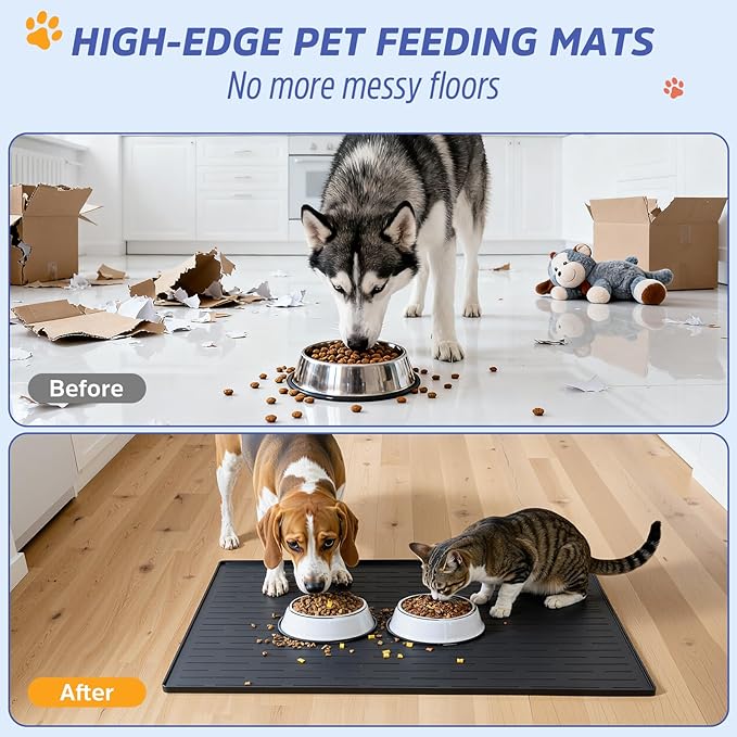 Large Dog Mats for Food and Water, 32"x24" Waterproof Pet Food Mats for Floor Nonslip Silicone Bowl Mats with Raised Edges