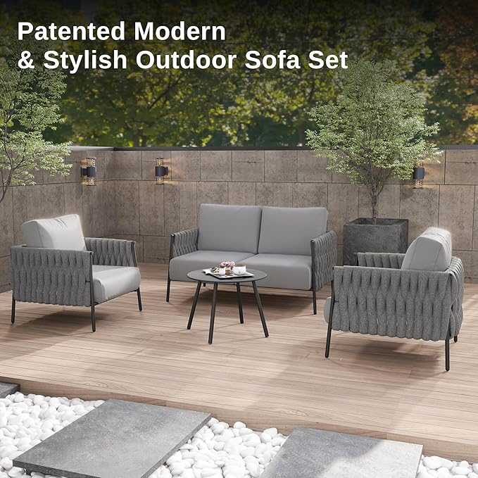 EAST OAK Life Chatter 4 Pieces Patio Furniture Set, Outdoor Furniture with Coffee Table, Patio Conversation Set Deep Seating with Thick Cushion, Backyard Porch Balcony, Earth Black & Misty Grey